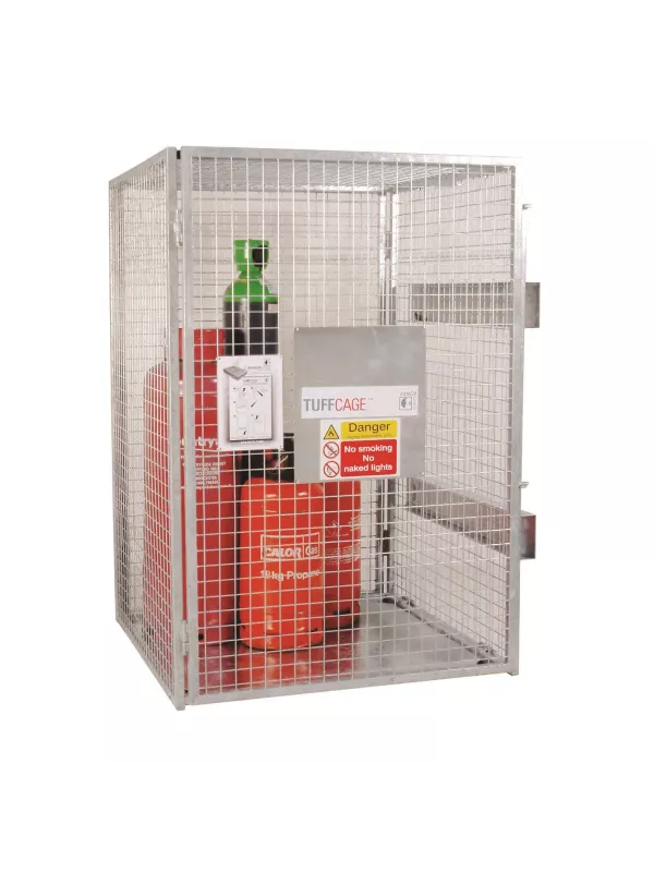Mesh gas cylinder storage cage with internal bottle restraint and warning labels