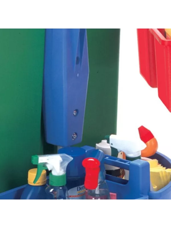 Cleaning trolley storage buckets holding spray bottles and cleaning chemicals for facilities management.