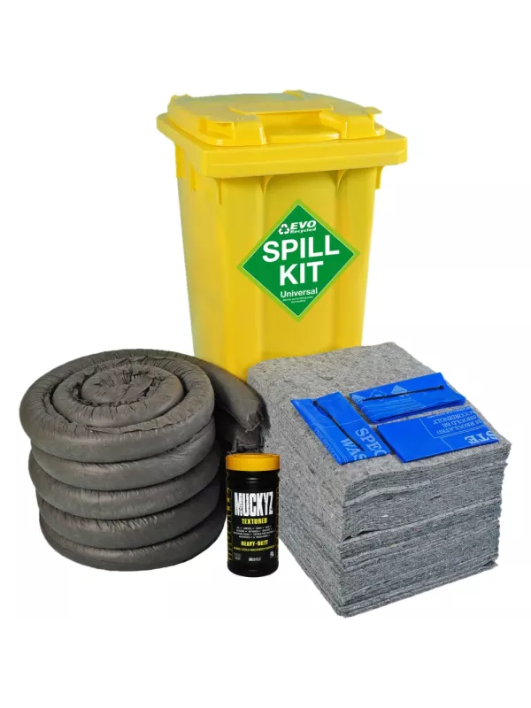 Yellow wheelie bin spill kit with absorbent pads, socks, and spill control accessories for oil and chemical spills