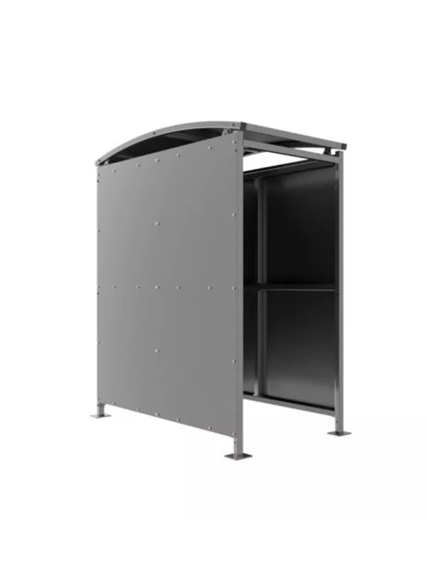 Side view of outdoor cycle shelter with galvanised steel frame and curved roof – secure bike storage shelter.
