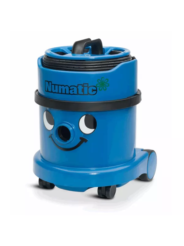 Blue Numatic vacuum cleaner with hose and floor tool attached.