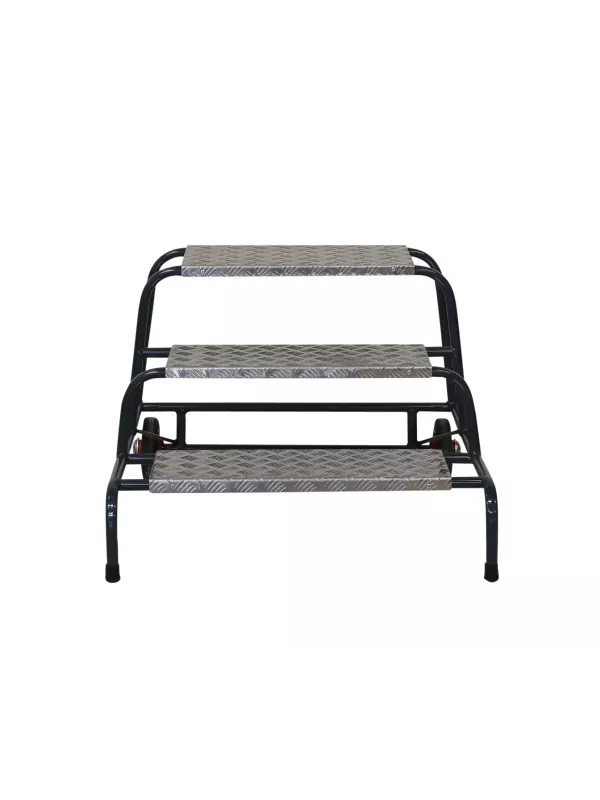 Front view of two-step industrial safety platform with black frame.