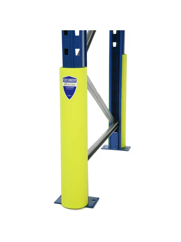 Yellow rack leg protector fitted to a warehouse racking upright.