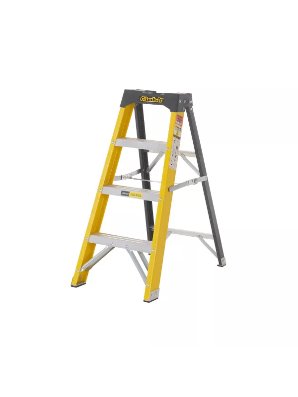 Yellow and silver step ladder with four steps, angled view.