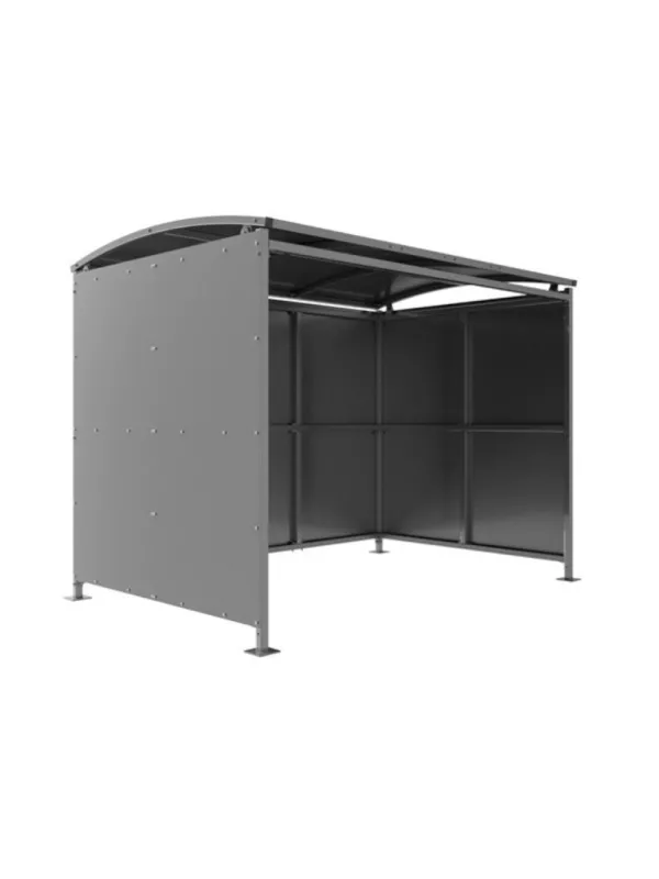 Front view of heavy-duty cycle shelter with steel panels and weather-resistant curved roof – bicycle storage solution.