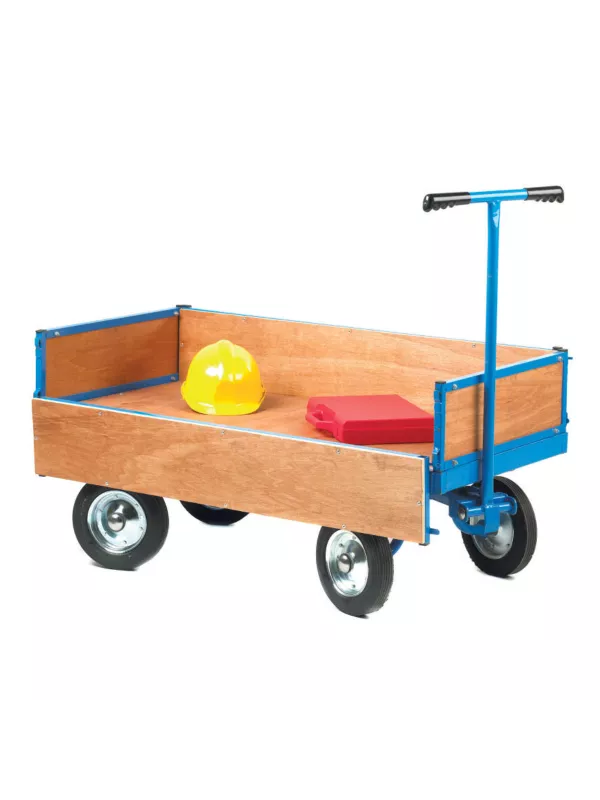 Platform trolley with wooden deck, removable side panels and blue handle