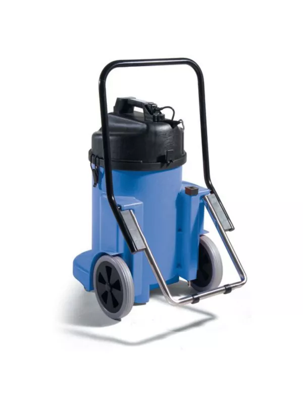 Blue Numatic vacuum cleaner mounted on a tall metal trolley frame.