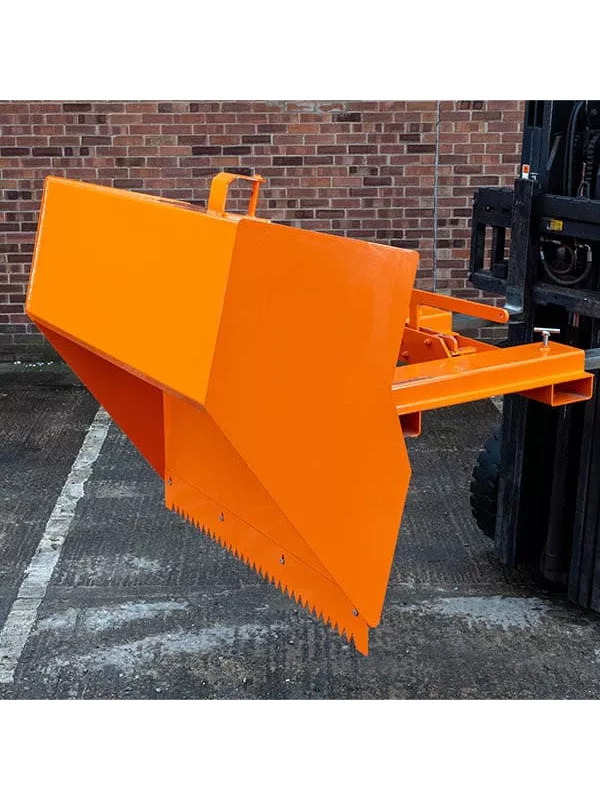 Forklift-mounted orange scoop attachment angled view, showing robust build for industrial bulk material movement.