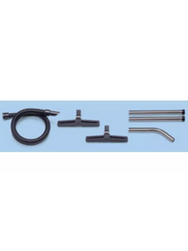 Vacuum accessory kit including hose, wands, curved wand, and floor tools.