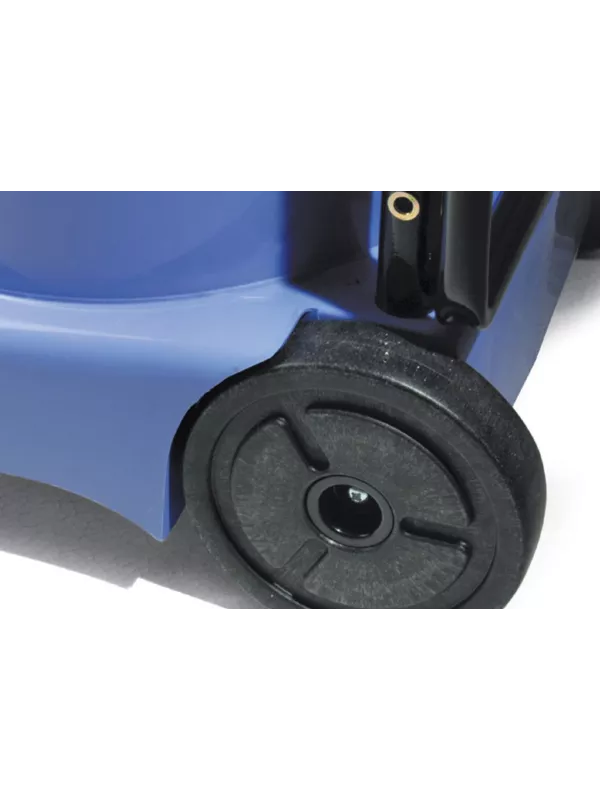 Close-up of the rear wheel and base of a Numatic extractor vacuum.