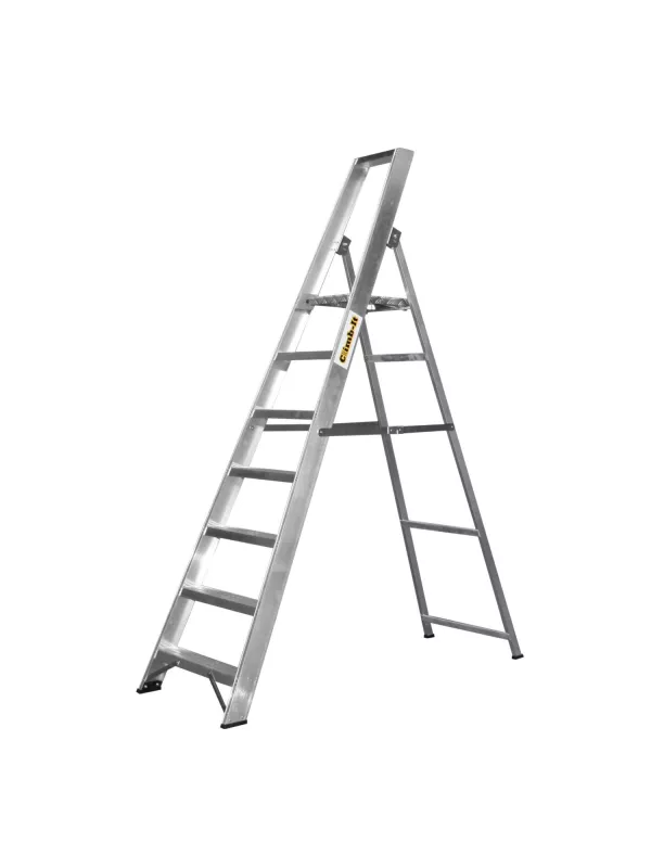 Silver aluminium step ladder with six steps on white background.