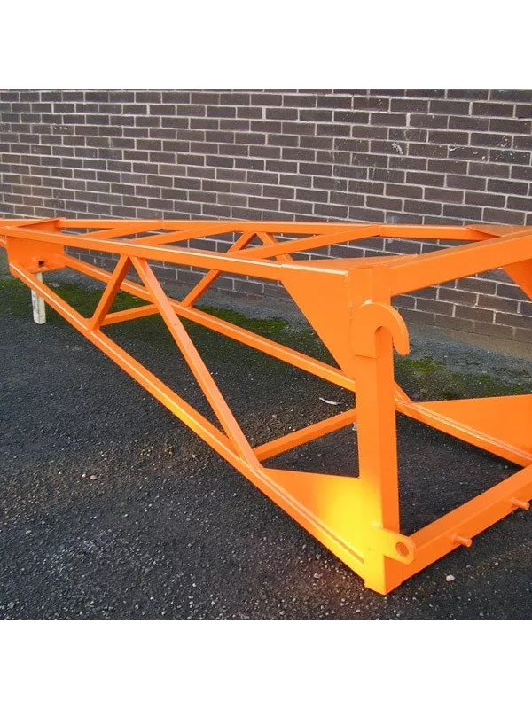 Heavy-duty forklift jib beam attachment in orange finish, providing extended lifting capability for handling long and awkward loads.