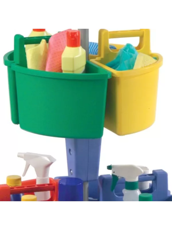 Close-up of colour-coded cleaning trolley buckets holding cloths, sponges and cleaning supplies.