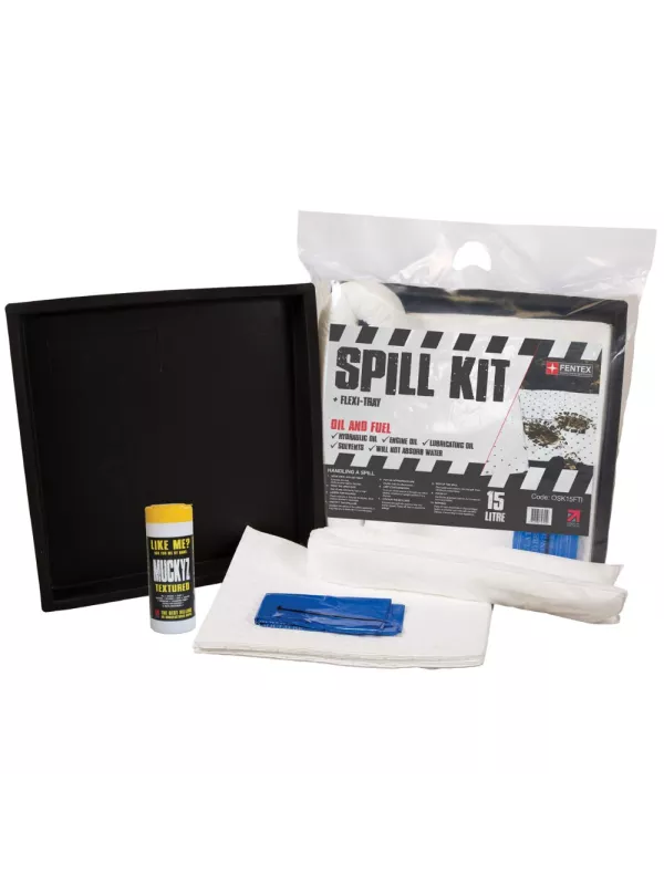 Portable spill kit with absorbent pads, disposal bag, and cleaning accessories for fuel and oil spill control – compact spillage kit in clear carry pack