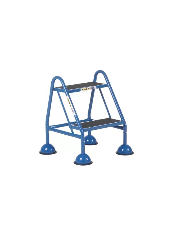 Blue steel step stool with safety handrails and dome feet