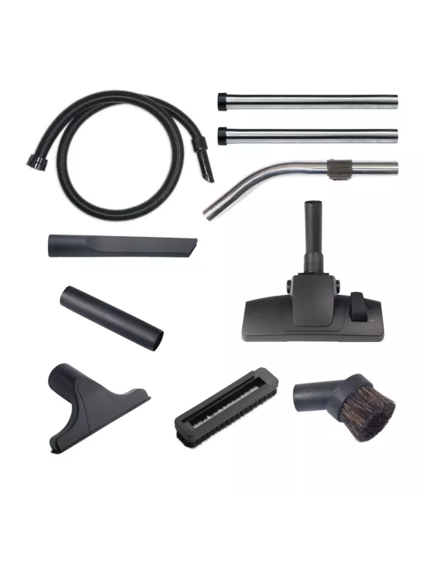 Full vacuum accessory kit including hose, wands, floor tool, and small nozzles.