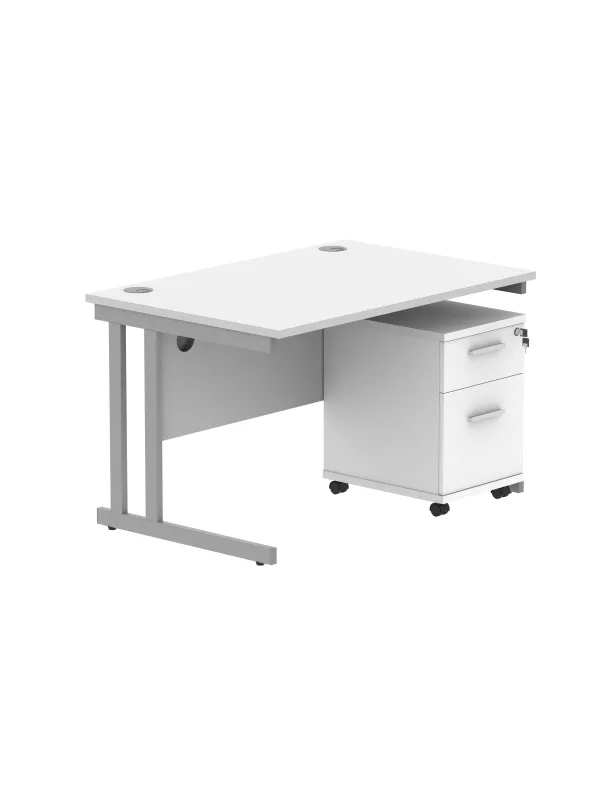 Core Twin Upright Rectangular Desk with Mobile Pedestal - Artic White