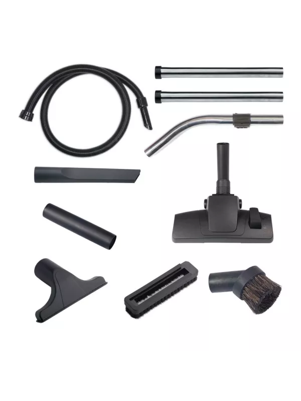 Complete vacuum accessory kit including hose, wands, floor tool, and small nozzles.
