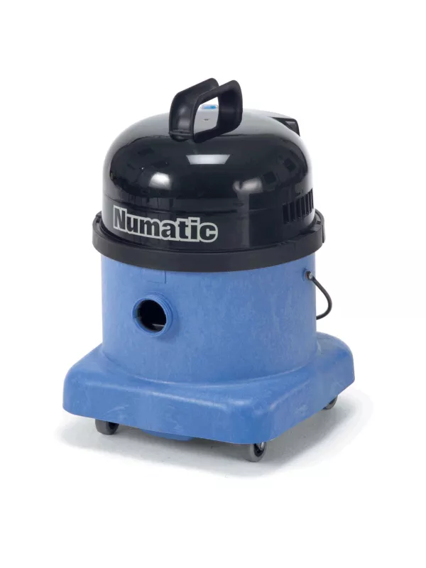 Numatic WV380 wet and dry vacuum cleaner with black lid and blue base.
