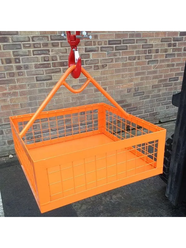 Orange crane lifting cage with mesh sides suspended by lifting chains