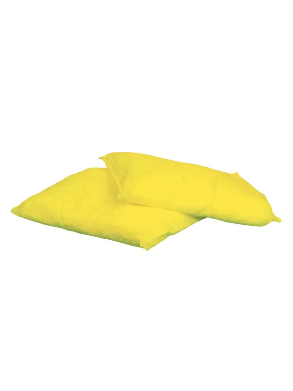 Yellow oil absorbent pillows for containing and absorbing liquid spills in industrial environments.
