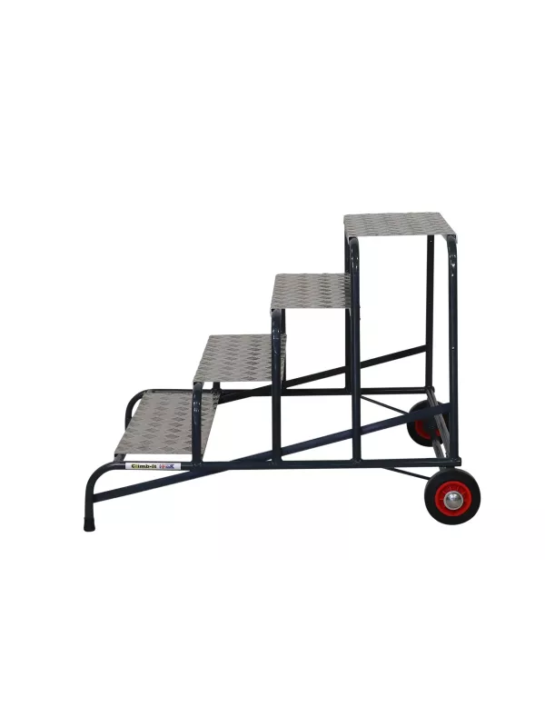 Side view of mobile safety steps with four anti-slip treads and handrails.