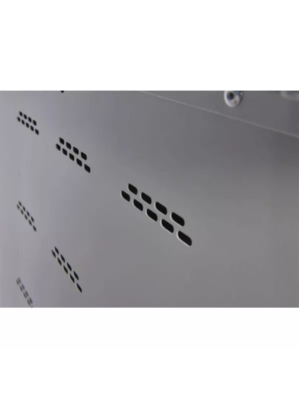 Ventilation slots on the side panel of an electric device charging cabinet.