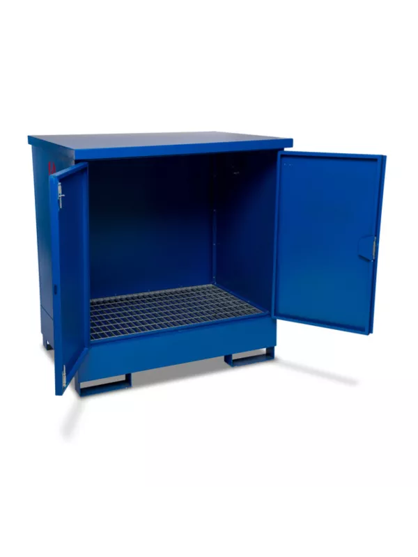 Bunded steel drum cabinet with grated floor and front-opening doors