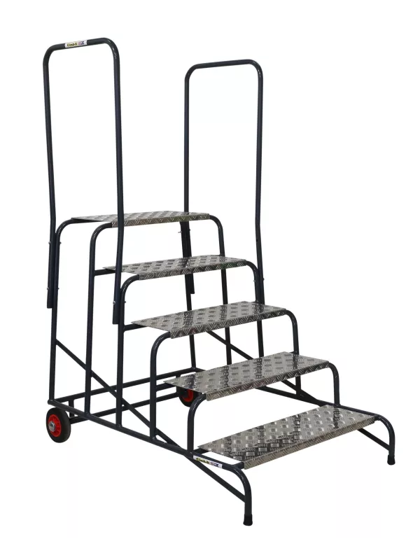 Mobile safety steps with four anti-slip treads, handrails, and rear castor wheels.