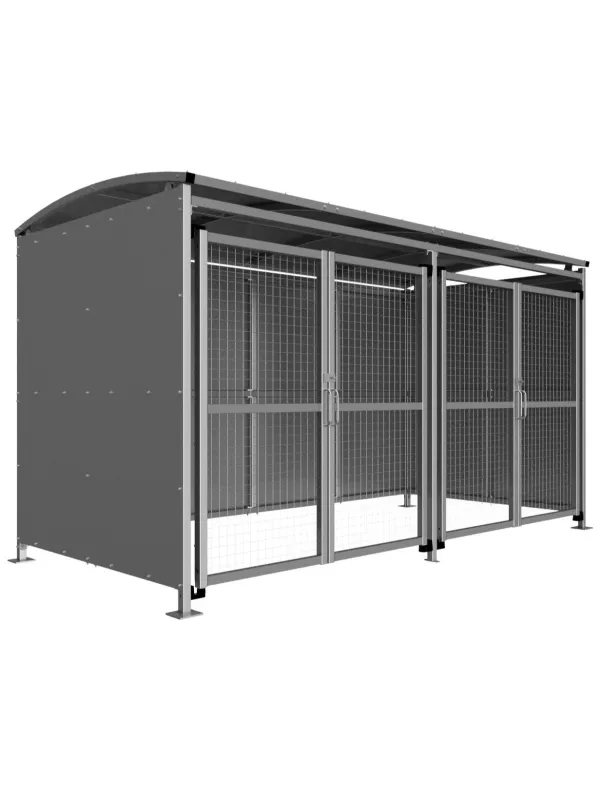 Large cycle shelter with multiple mesh panels and curved roof – secure outdoor bicycle storage for workplaces and public spaces.