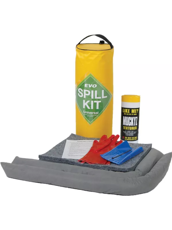 EVO spill kit in yellow drum with absorbent pads, absorbent socks, gloves, and disposal bag – portable spillage kit for oil and fuel spill control.
