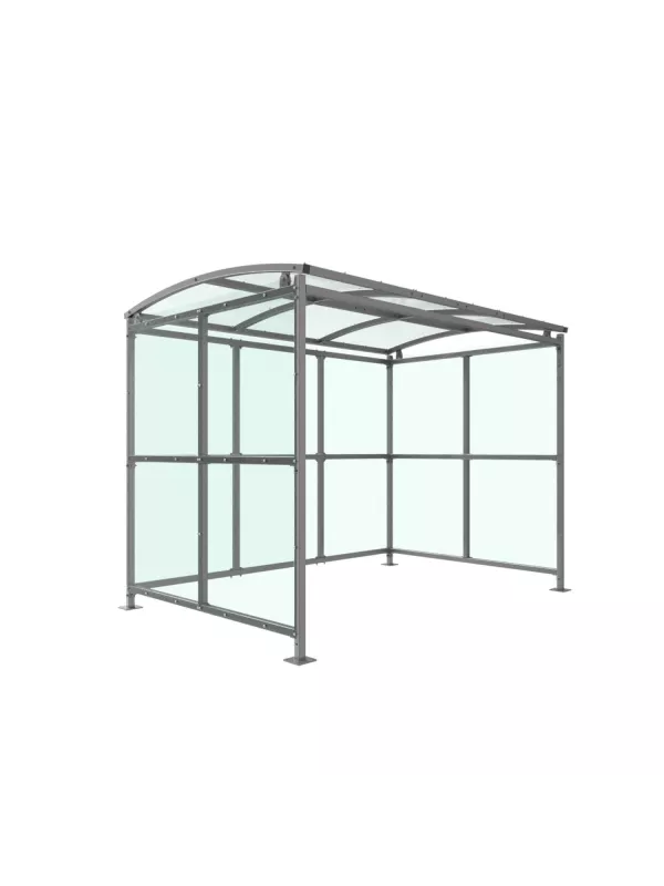Outdoor bike shelter with steel frame and clear side panels – protective cycle storage for public and business use.