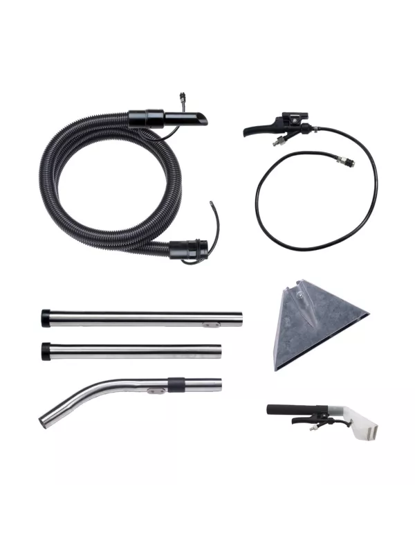 Complete extractor accessory kit including hoses, wands, spray tools, and triangular upholstery tool.