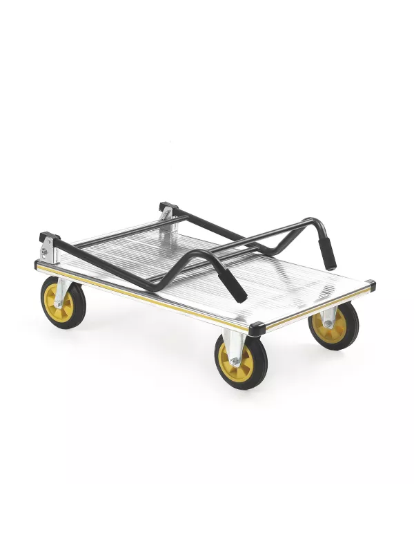 Low-profile stainless steel platform trolley with reinforced frame and castor wheels