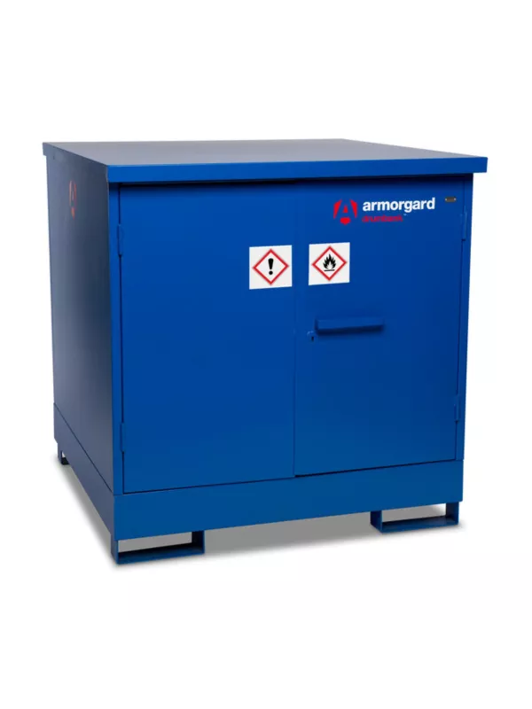 Lockable bunded drum storage cabinet with hazard warning labels