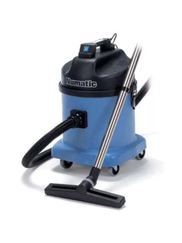 Blue Numatic wet and dry vacuum cleaner with hose, wand, and floor tool attached.