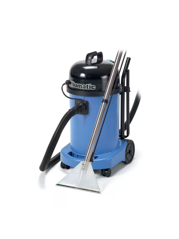 Numatic extraction vacuum with long stainless-steel wand and floor extraction tool.
