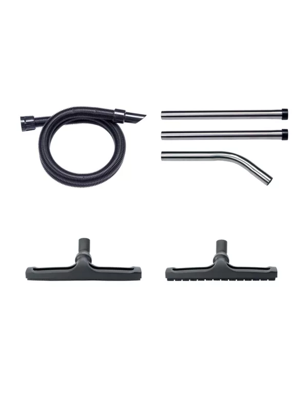 Vacuum accessory kit including hose, metal wands, curved wand, and two floor tools.