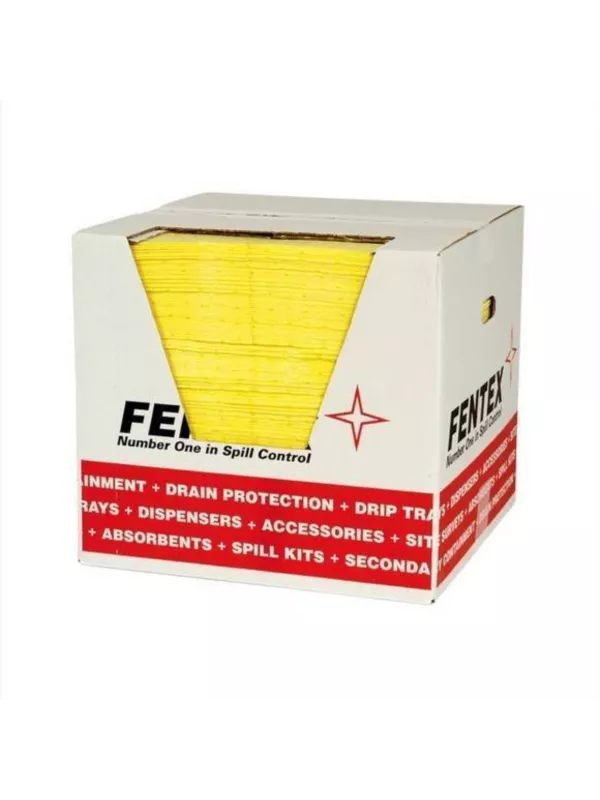 Fire-resistant absorbent pad dispenser box containing yellow oil absorbent pads for spill control and fire safety applications.