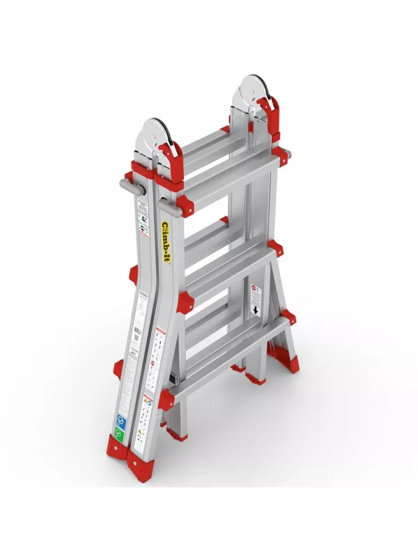 Folding multi-position aluminium ladder in compact storage position.