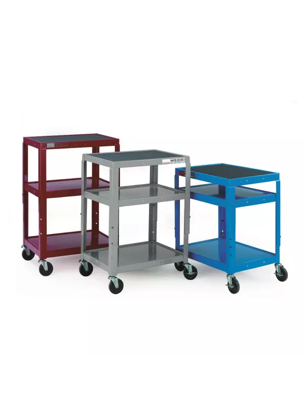 Three-tier workshop trolley with steel shelves, castor wheels and coloured frame options