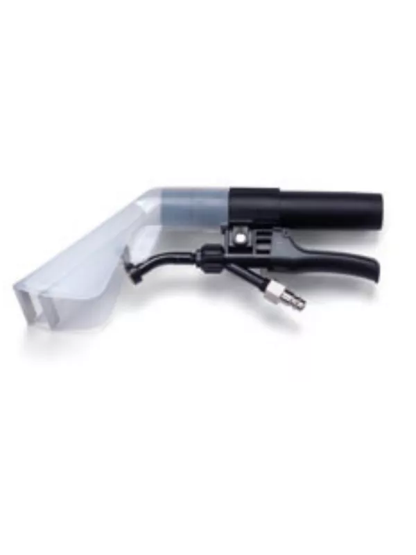 Transparent and black vacuum tool attachment with trigger handle for upholstery or spot cleaning.