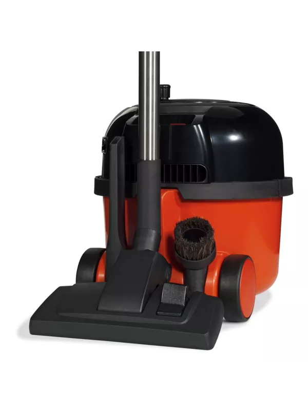 Rear view of Henry Xtra vacuum cleaner with hose and tools