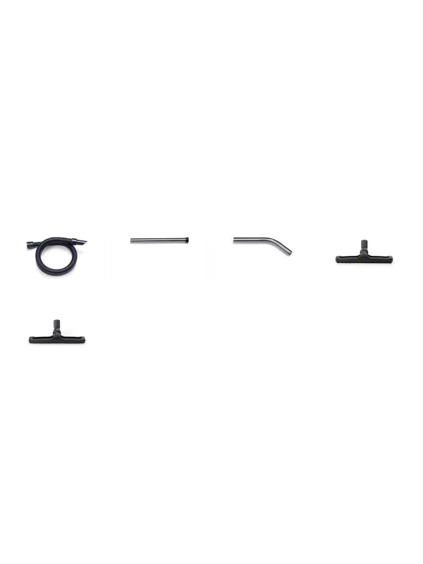 Set of vacuum cleaner attachments displayed in a row, including hose, wands, and floor heads.