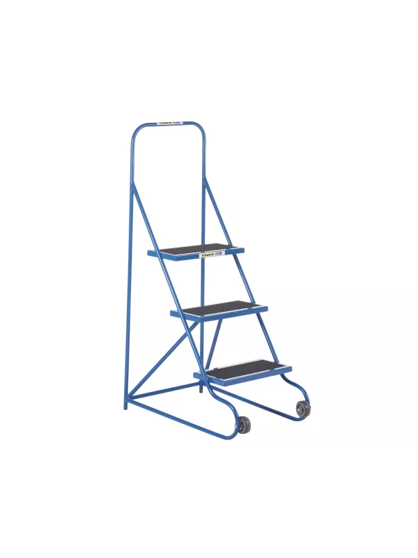 Side view of blue mobile safety steps with three anti-slip treads.