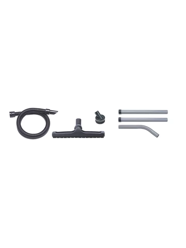 Set of vacuum cleaner accessories including hose, wands, brush heads, and connectors.