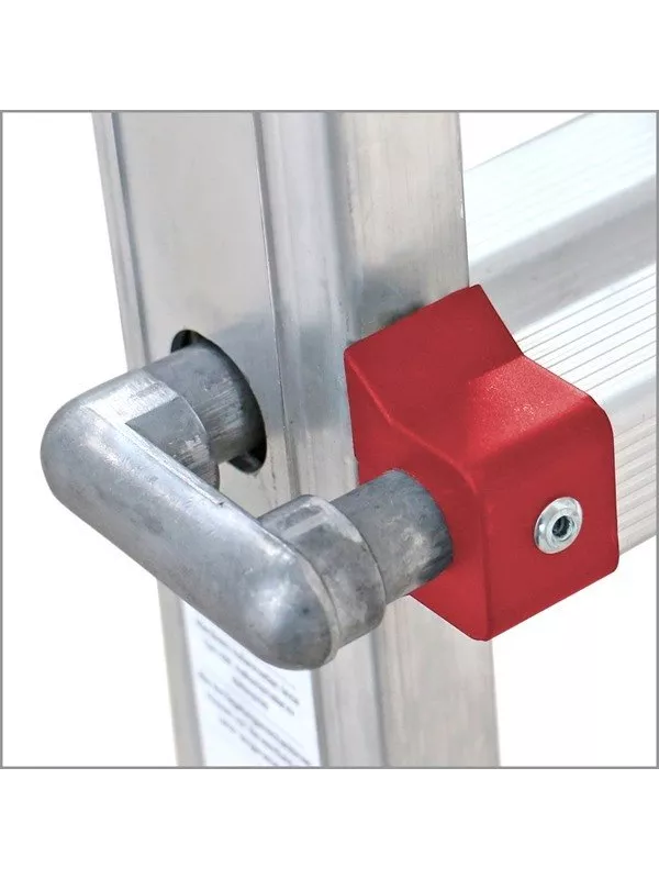 Close-up of ladder rung lock on multi-position aluminium ladder.