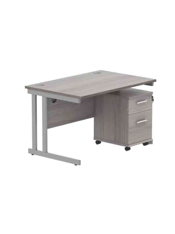 Core Twin Upright Rectangular Desk with Mobile Pedestal - Alaskan Grey Oak