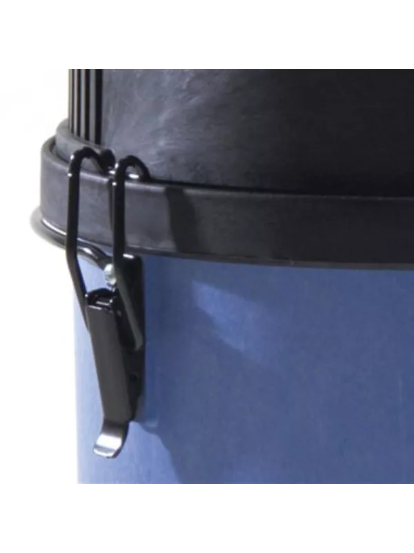 Close-up of accessory storage clips on the side of a blue Numatic vacuum cleaner.