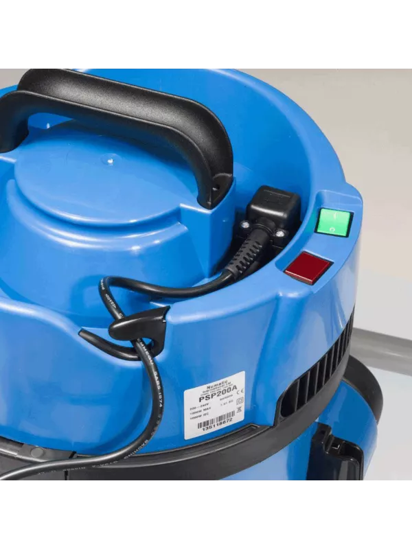 Close-up of the top controls and handle on the Numatic PSP200 vacuum cleaner.